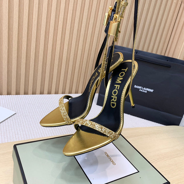 CRYSTAL PADLOCK HIGH HEEL 10 CM SANDAL IN GOLD SHEEPSKIN