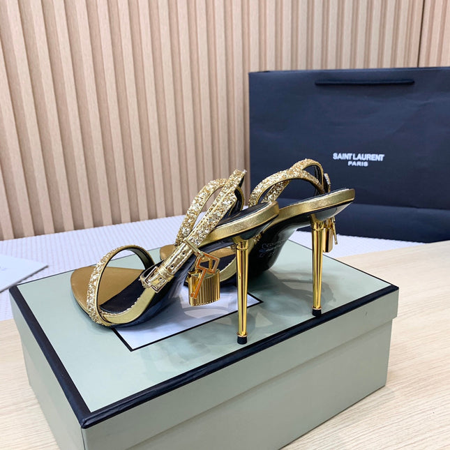 CRYSTAL PADLOCK HIGH HEEL 10 CM SANDAL IN GOLD SHEEPSKIN
