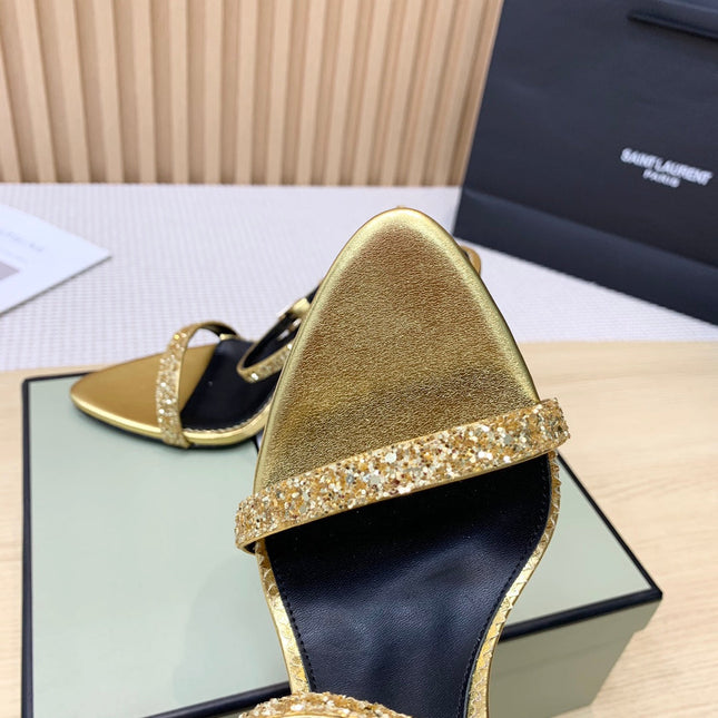 CRYSTAL PADLOCK HIGH HEEL 10 CM SANDAL IN GOLD SHEEPSKIN