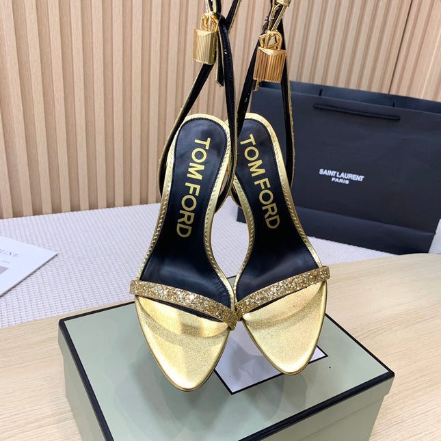 CRYSTAL PADLOCK HIGH HEEL 10 CM SANDAL IN GOLD SHEEPSKIN