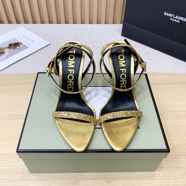 CRYSTAL PADLOCK HIGH HEEL 10 CM SANDAL IN GOLD SHEEPSKIN
