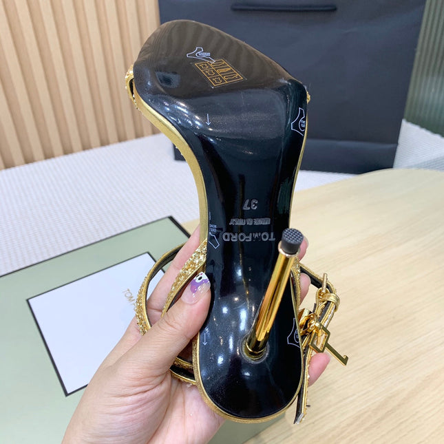 CRYSTAL PADLOCK HIGH HEEL 10 CM SANDAL IN GOLD SHEEPSKIN