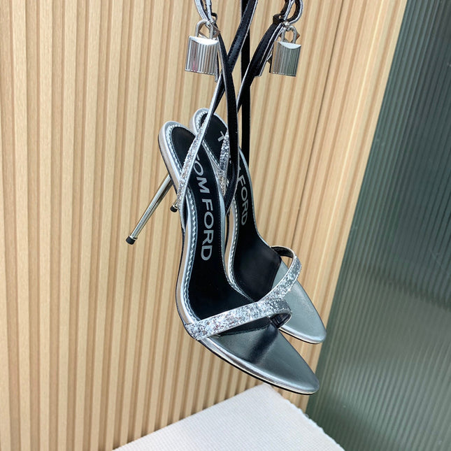 CRYSTAL PADLOCK HIGH HEEL 10 CM SANDAL IN SILVER SHEEPSKIN