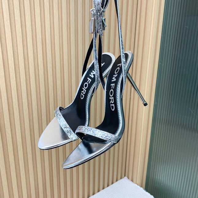 CRYSTAL PADLOCK HIGH HEEL 10 CM SANDAL IN SILVER SHEEPSKIN