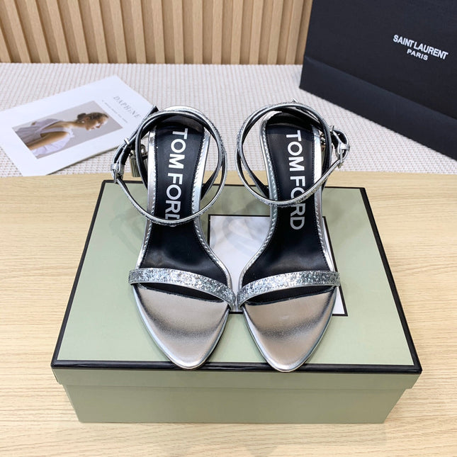 CRYSTAL PADLOCK HIGH HEEL 10 CM SANDAL IN SILVER SHEEPSKIN