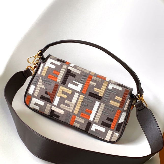 Fend Baguette Brown and Multicolour Canvas Bag 27 with FF Embroidery Ghw