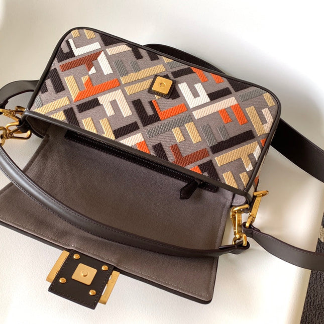 Fend Baguette Brown and Multicolour Canvas Bag 27 with FF Embroidery Ghw