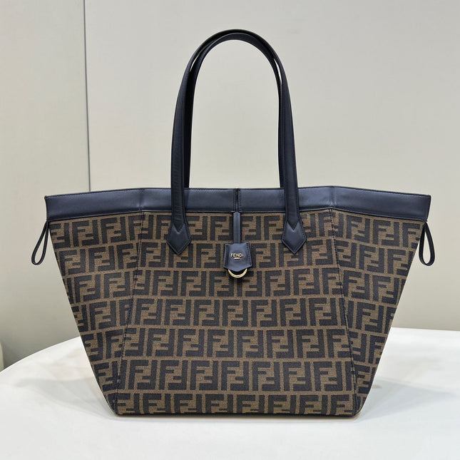 FENDI ORIGAMI LARGE 33 BROWN MIX BLACK FF JACQUARD FABRIC BAG