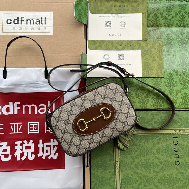 HORSEBIT 1955 SMALL CAMERA BAG 20 IN BEIGE AND EBONY GG BROWN CALFSKIN