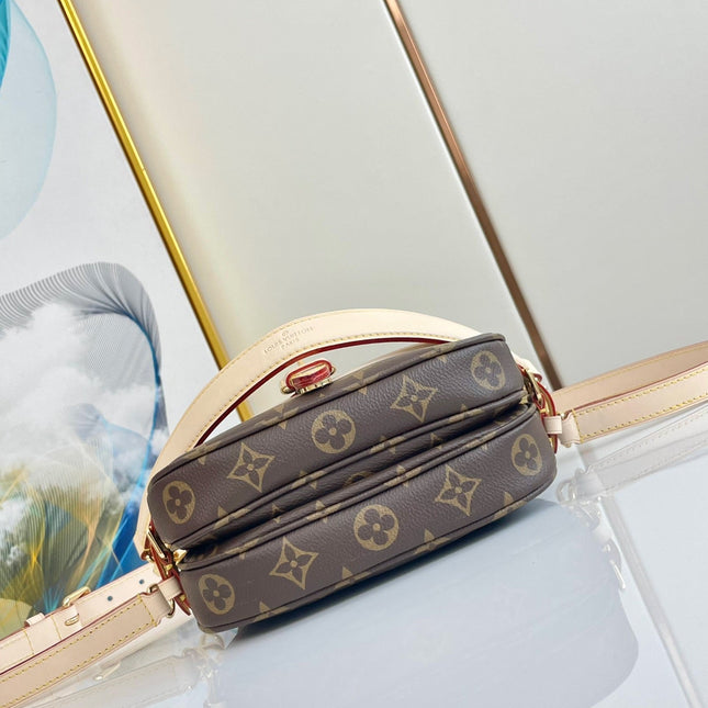 SAUMUR BB 20 BROWN MONOGRAM CANVAS AND LEATHER TRIM GOLD HARDWARE