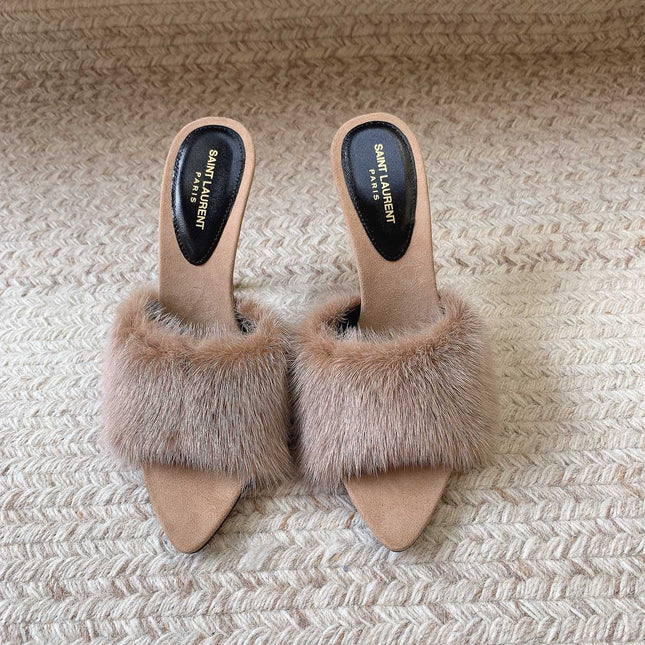 LA 16 HEELED MULES IN BEIGE RABBIT FUR AND SMOOTH LAMBSKIN