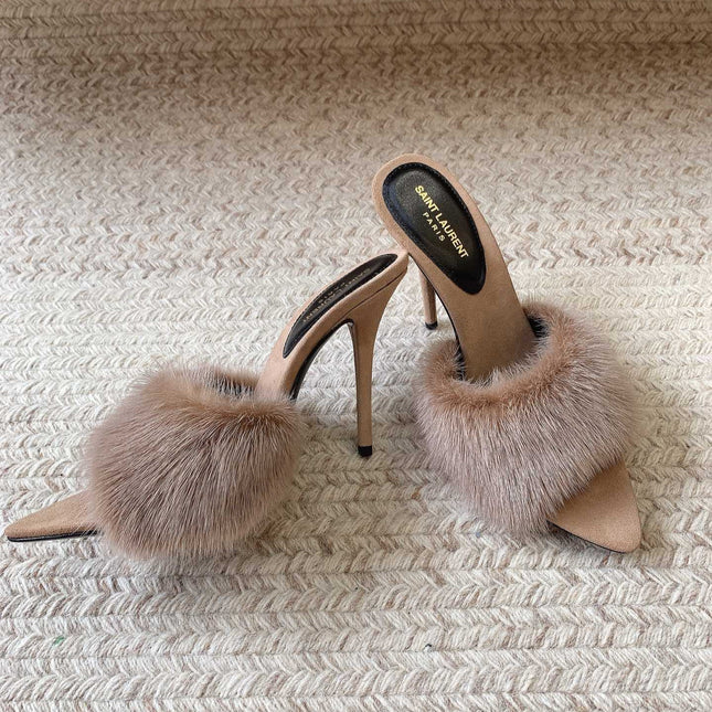 LA 16 HEELED MULES IN BEIGE RABBIT FUR AND SMOOTH LAMBSKIN