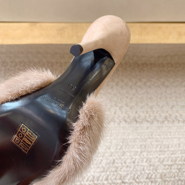 LA 16 HEELED MULES IN BEIGE RABBIT FUR AND SMOOTH LAMBSKIN