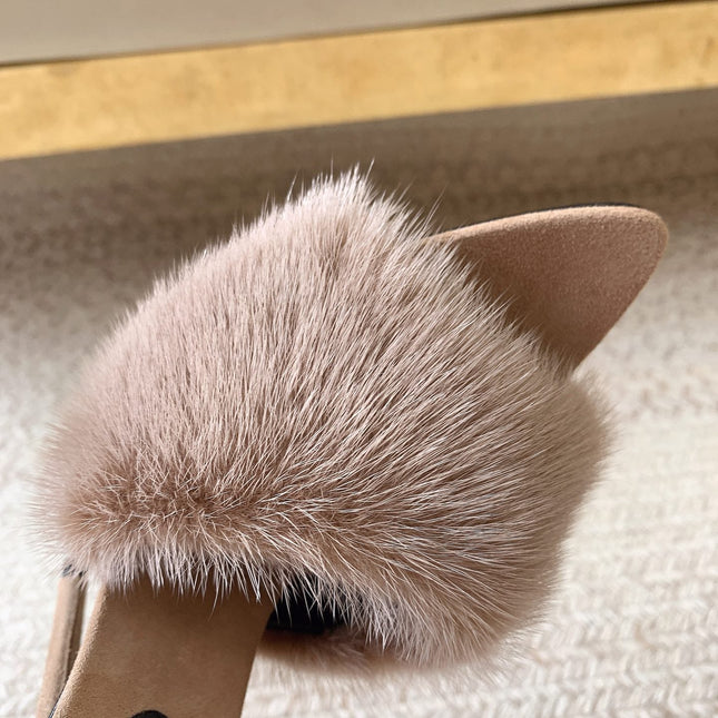 LA 16 HEELED MULES IN BEIGE RABBIT FUR AND SMOOTH LAMBSKIN