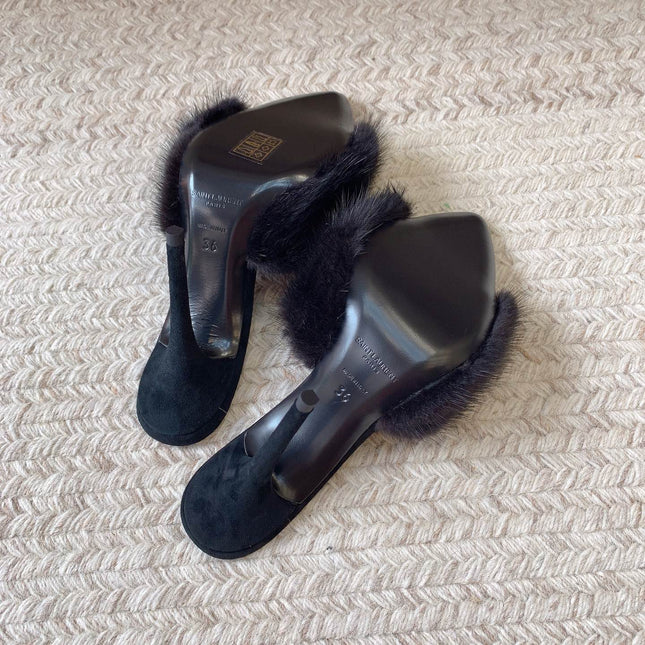LA 16 HEELED MULES IN BLACK RABBIT FUR AND SMOOTH LAMBSKIN