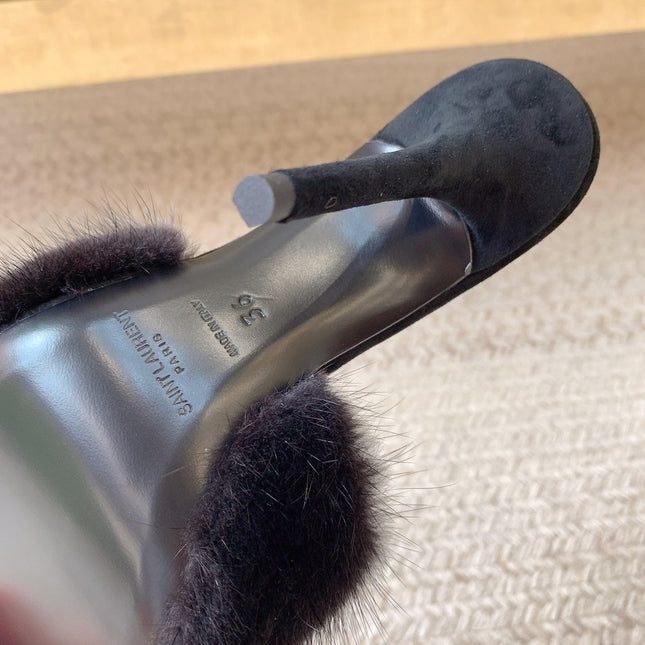 LA 16 HEELED MULES IN BLACK RABBIT FUR AND SMOOTH LAMBSKIN