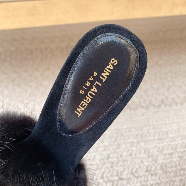 LA 16 HEELED MULES IN BLACK RABBIT FUR AND SMOOTH LAMBSKIN