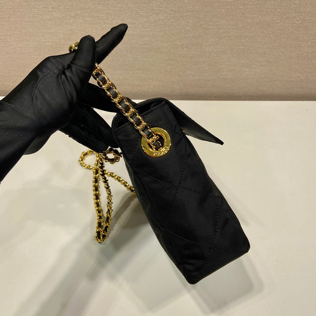 LARGE QUILTED FLAP BAG 23 IN BLACK RE-NYLON FABRIC GOLD CHAIN