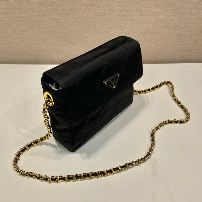 LARGE QUILTED FLAP BAG 23 IN BLACK RE-NYLON FABRIC GOLD CHAIN
