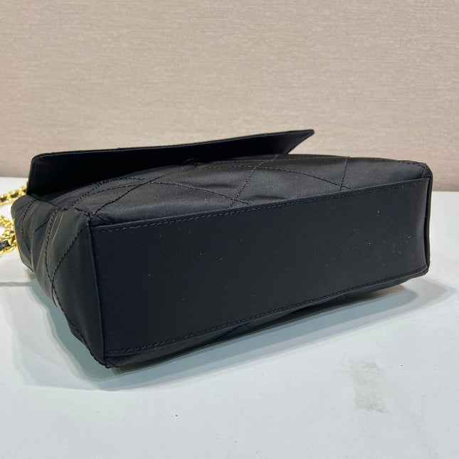 LARGE QUILTED FLAP BAG 23 IN BLACK RE-NYLON FABRIC GOLD CHAIN