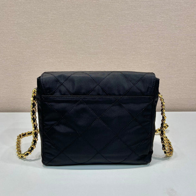 LARGE QUILTED FLAP BAG 23 IN BLACK RE-NYLON FABRIC GOLD CHAIN