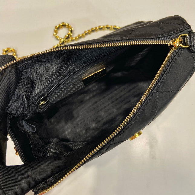LARGE QUILTED FLAP BAG 23 IN BLACK RE-NYLON FABRIC GOLD CHAIN