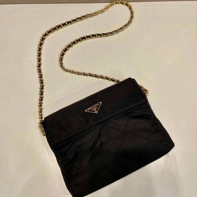 LARGE QUILTED FLAP BAG 23 IN BLACK RE-NYLON FABRIC GOLD CHAIN
