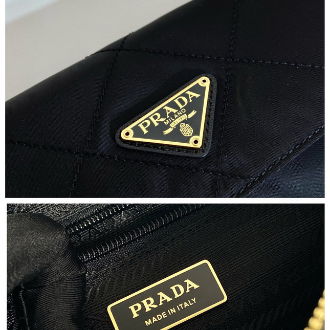 LARGE QUILTED FLAP BAG 23 IN BLACK RE-NYLON FABRIC GOLD CHAIN