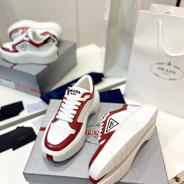 PRA DOWNTOWN THICK-SOLE SNEAKERS WHITE AND CHERRY CALFSKIN