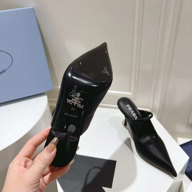 PRA HIGH-HEELED MULES BLACK SATIN