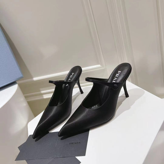 PRA HIGH-HEELED MULES BLACK SATIN