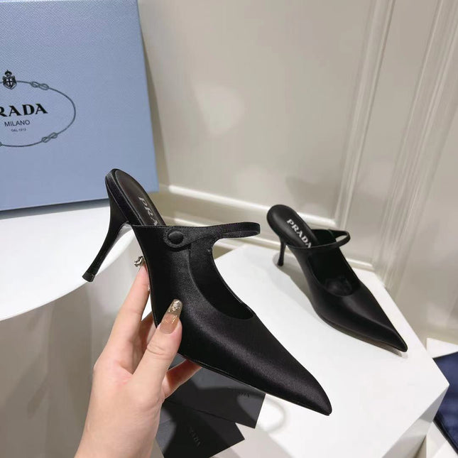 PRA HIGH-HEELED MULES BLACK SATIN