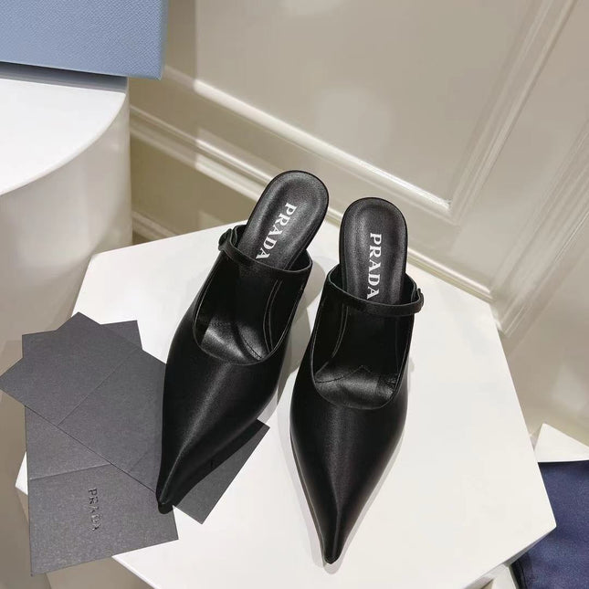 PRA HIGH-HEELED MULES BLACK SATIN
