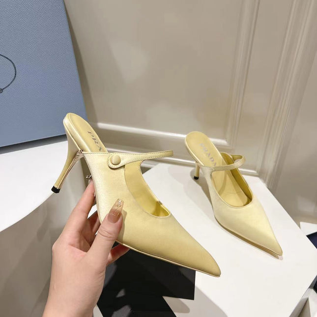 PRA HIGH-HEELED MULES YELLOW CREAM SATIN