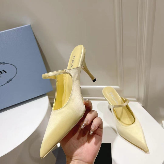 PRA HIGH-HEELED MULES YELLOW CREAM SATIN