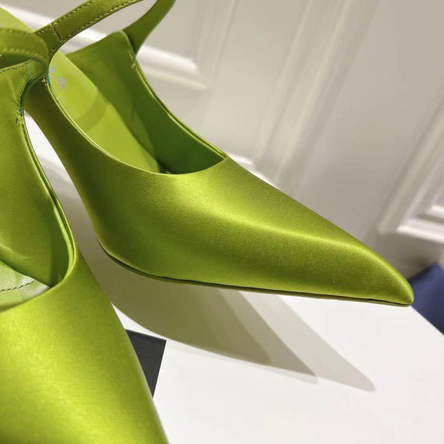 PRA HIGH-HEELED MULES PEAR SATIN