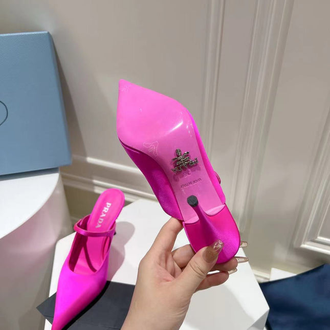PRA HIGH-HEELED MULES BRIGHT PINK SATIN