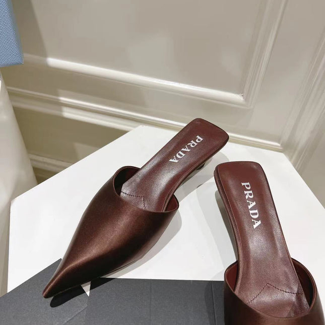 PRA POINTED-TOE MULES CHOCOLATE SATIN