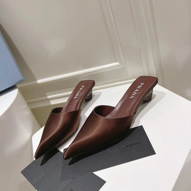 PRA POINTED-TOE MULES CHOCOLATE SATIN
