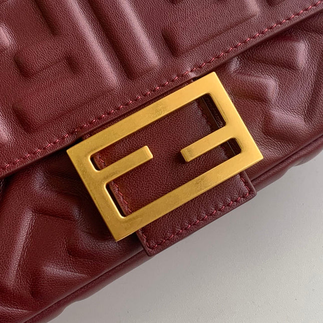 Fend Baguette 27 Bag With FF Motif Burgundy Leather Ghw