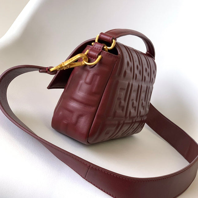 Fend Baguette 27 Bag With FF Motif Burgundy Leather Ghw
