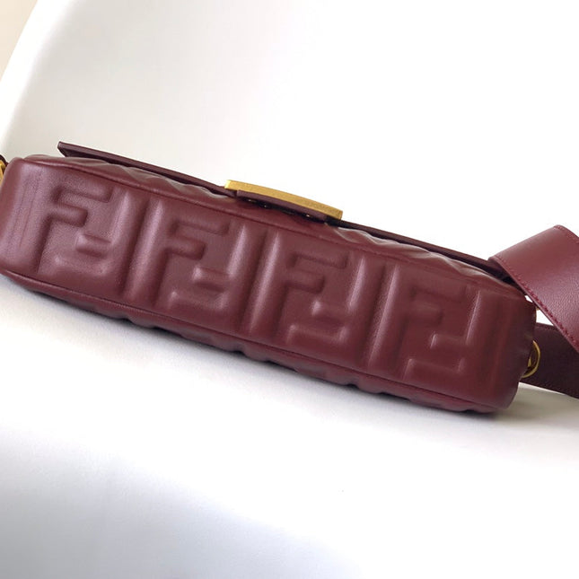 Fend Baguette 27 Bag With FF Motif Burgundy Leather Ghw