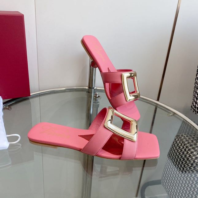 VIV' BY THE SEA LOVE METAL MULES IN PINK CALFSKIN GOLD BUCKLE