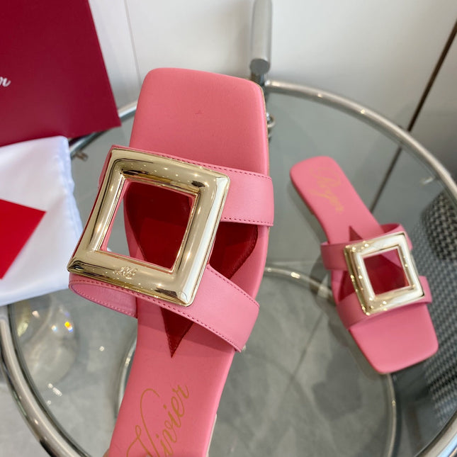 VIV' BY THE SEA LOVE METAL MULES IN PINK CALFSKIN GOLD BUCKLE