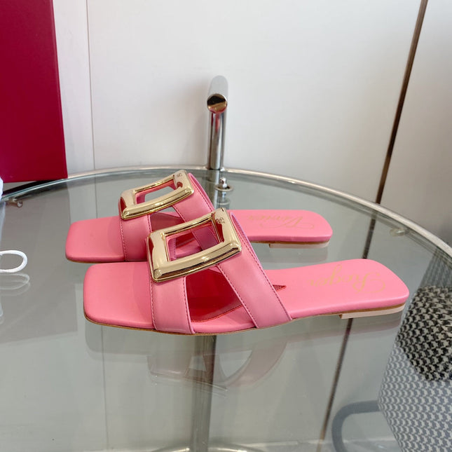 VIV' BY THE SEA LOVE METAL MULES IN PINK CALFSKIN GOLD BUCKLE