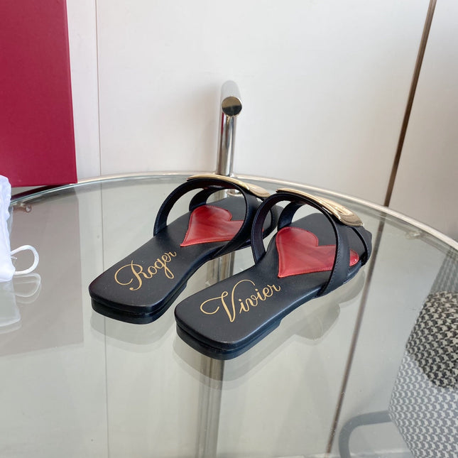 VIV' BY THE SEA LOVE METAL MULES IN BLACK CALFSKIN GOLD BUCKLE