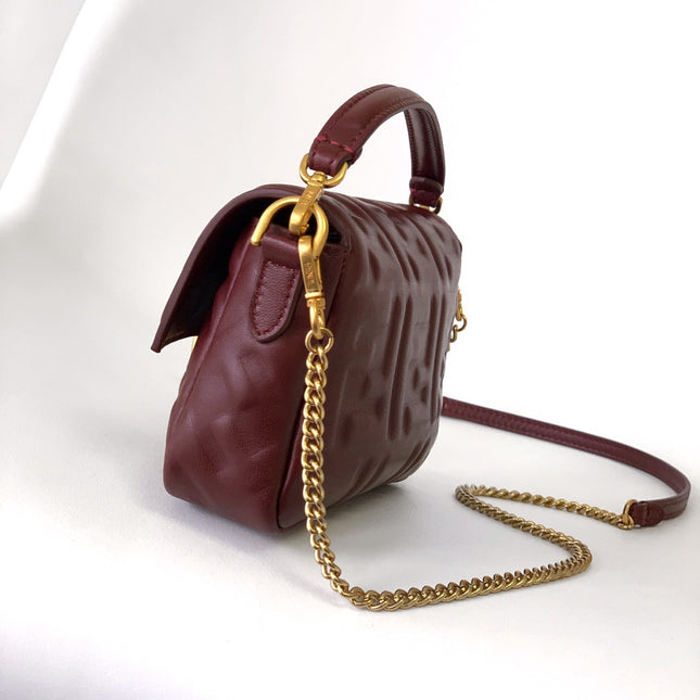 Mini Baguette Bag 20 With FF Motif Burgundy Leather Ghw