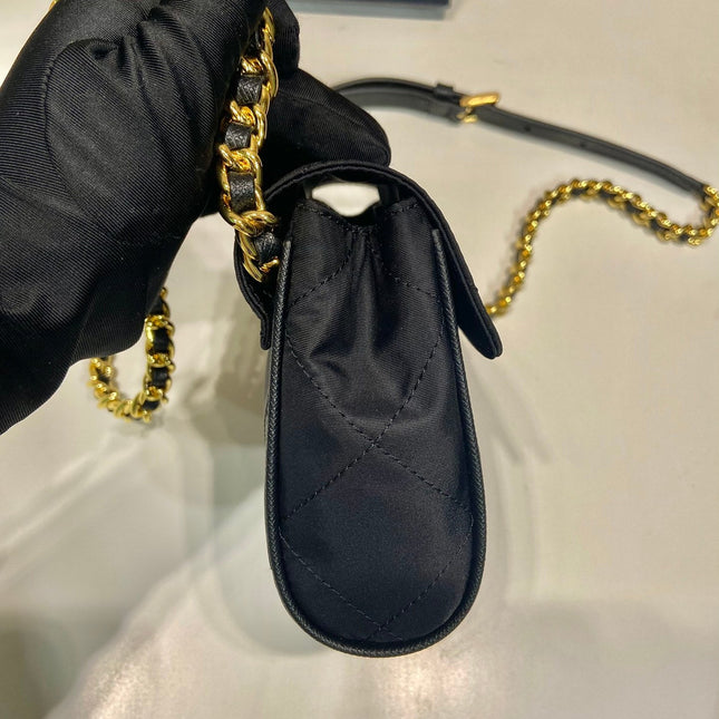 MINI QUILTED FLAP BAG 14 IN BLACK RE-NYLON FABRIC GOLD CHAIN