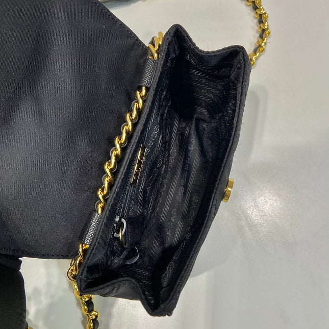 MINI QUILTED FLAP BAG 14 IN BLACK RE-NYLON FABRIC GOLD CHAIN