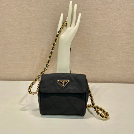 MINI QUILTED FLAP BAG 14 IN BLACK RE-NYLON FABRIC GOLD CHAIN